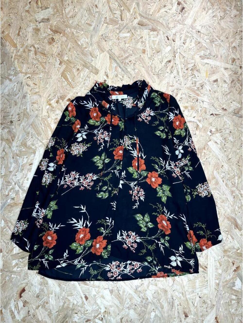 Fever Womens Blouse XL Black Floral Ruffle Neck Long Sleeve Tie Neck Top
